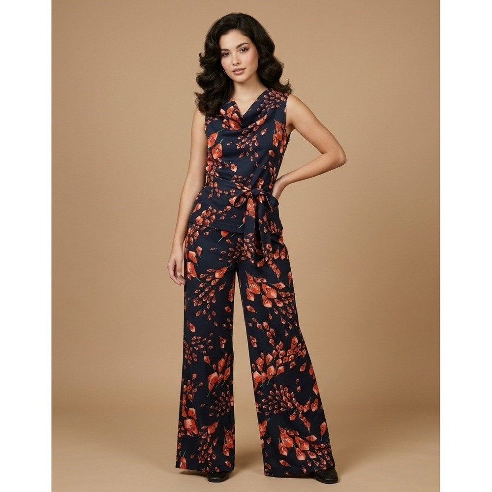 Vintage ILGWU Floral Palazzo Pant Set Womens M Black Orange 70s Wide Leg